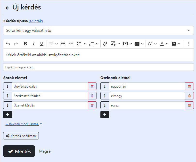Kérdés szerkesztése Kérdések felvitele